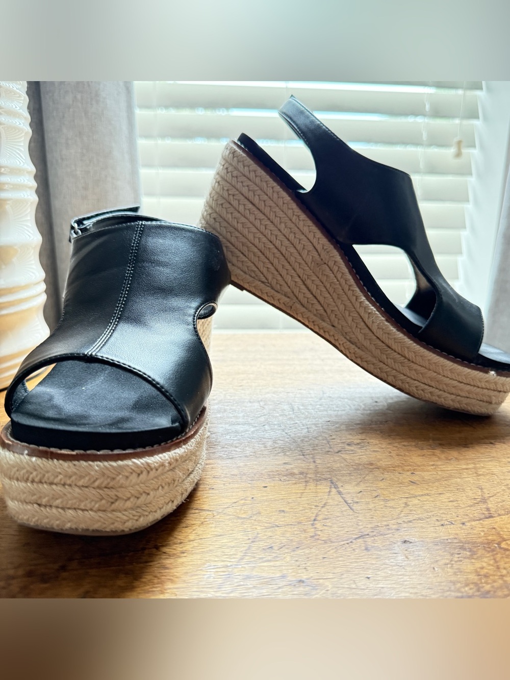Corkys Black Faux Leather Jute-Wrapped Espadrille Platform Wedge Sandals Size 10